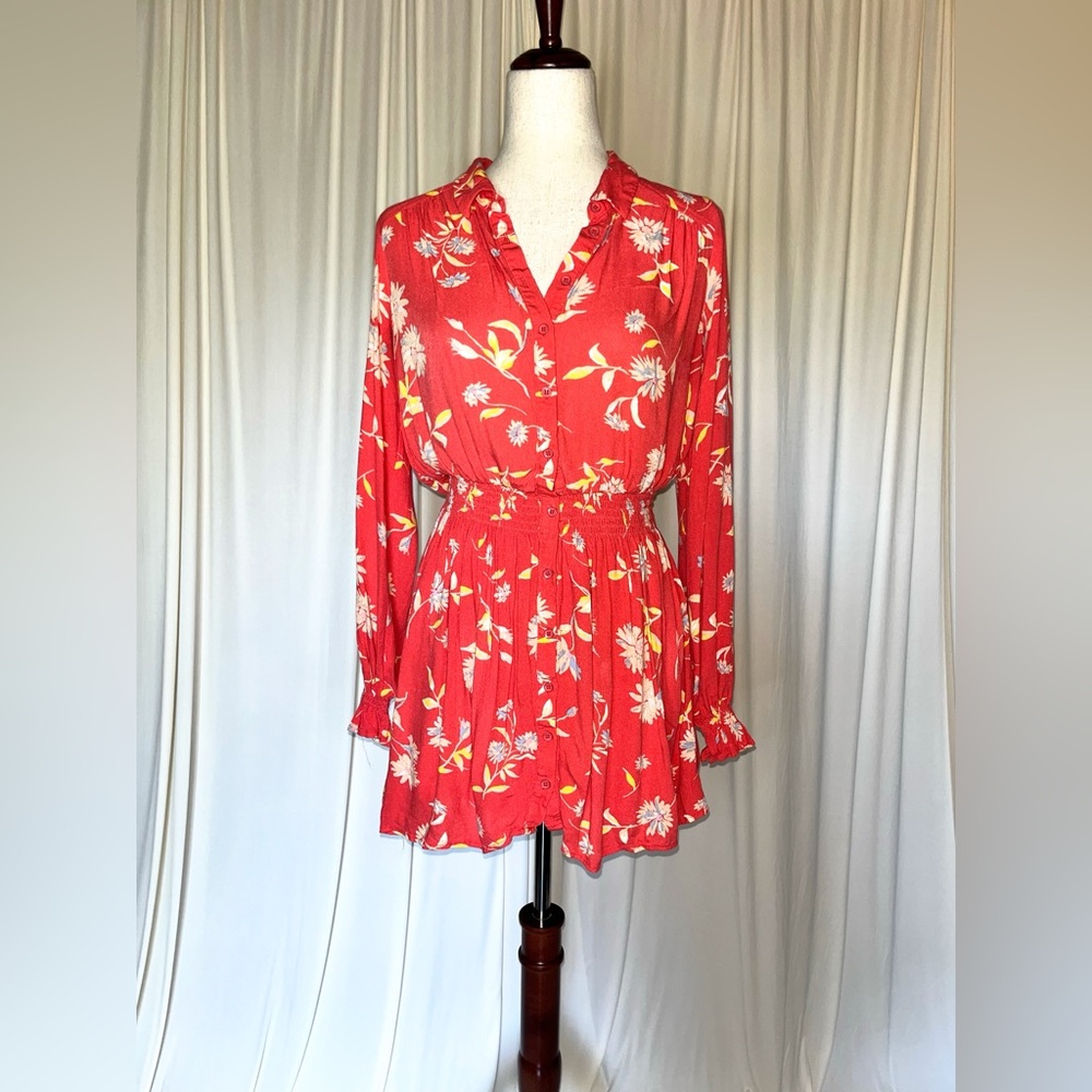 Free People Ruthie Floral Print Long Sleeve Mini Shirtdress in Coral - Picture 4 of 9